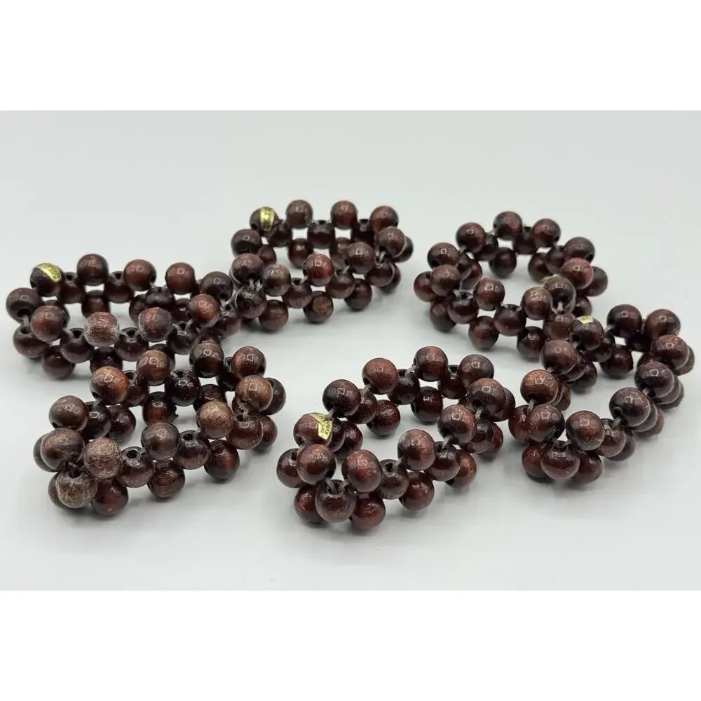 Set Of 6 Vintage MCM Napkin Rings / Holders Brown Wooden Beads